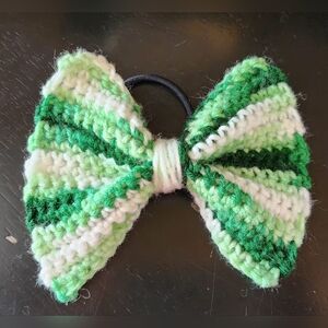 Green and White Knitted Hair Bow